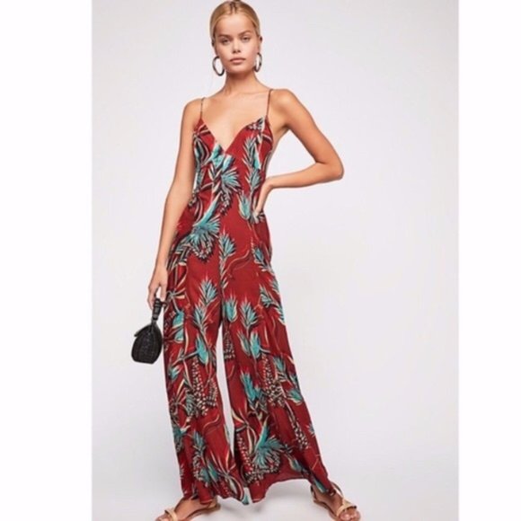 Free People Pants - Free People red tropical Alissa Jumpsuit NWOT